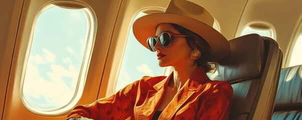 Naklejka premium Stylish woman relaxing on airplane in sun hat and sunglasses during flight