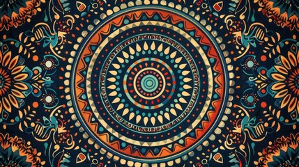 Obraz premium Vibrant Mandala Design Dark Blue Orange Teal Ethnic Pattern