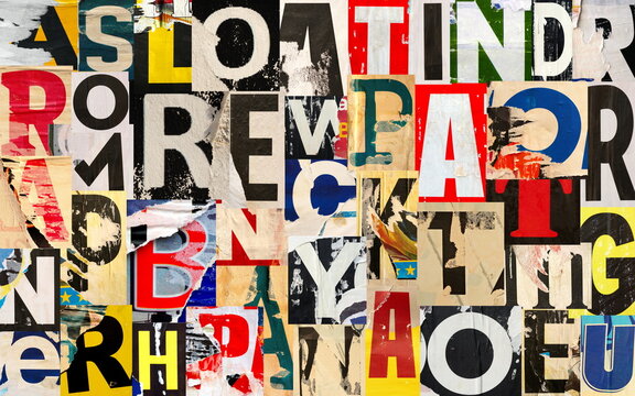 Collage of many different lacerated letters ripped torn advertisement street posters grunge creased crumpled paper texture background placard backdrop surface