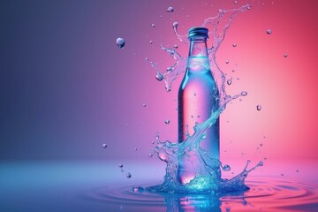 Water is splashing on bottle with pink background