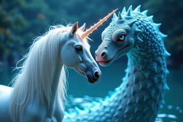 White horse is standing next to dragon in water