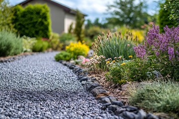 Obraz premium Serene Garden Path Pebble Stones Landscaping Design Beautiful Flowers Natural Summer Outdoor Backyard Tranquil Peaceful Relaxing Greenery Lush Plants 