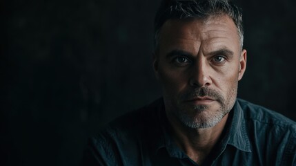Obraz premium Intense Portrait of a Mature Man with Gritty Expression in Low Light Setting