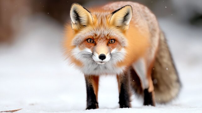 Red Fox in Snowy Landscape, Front View, Wildlife Photo