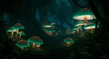 Glowing Mushrooms Enchanting Forest Night Fantasy 3D Render