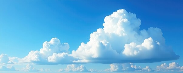 Blue sky with big and puffy white cloud drifting lazily across the horizon, cloudy, fluffy