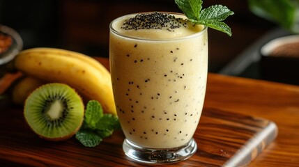 Delicious banana kiwi smoothie on wooden tray with background of fruit