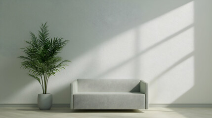 Minimalist living room interior design, sunlight, gray sofa, plant