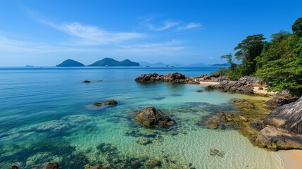 Fototapeta premium Tropische Küste mit kristallklarem Wasser und grünen Inseln