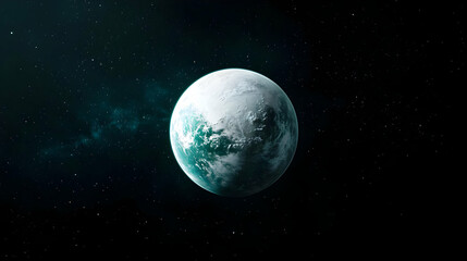 Fototapeta premium Luminous icy exoplanet floating in the dark expanse of deep space surrounded by distant stars.