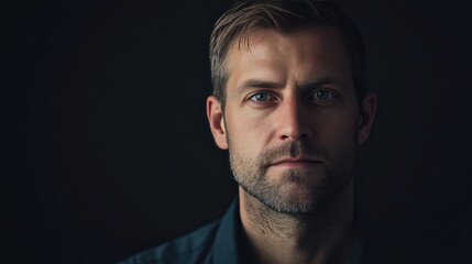 Fototapeta premium Intense Portrait of a Man with a Serious Expression Against a Dark Background
