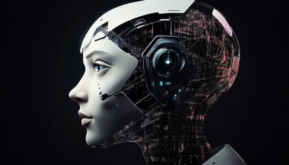 Obraz premium Cybernetic Female Head Digital Art, Profile View, AI Concept, Sci-Fi Robot AI, Robot