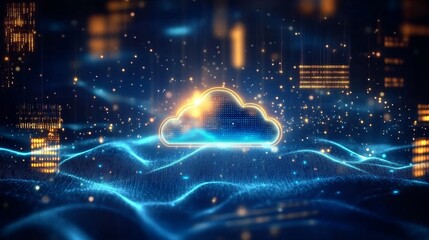 Glowing Cloud Computing Network Digital Particle Composition, Cloud Storage, Data, Network Cloud Computing, Digital Transformation