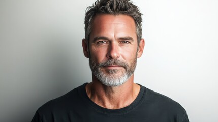 Obraz premium Confident Middle-Aged Man with Stylish Beard and Casual Attire Against a Light Background