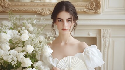 Fototapeta premium Elegant Bride Portrait with White Flowers and Fan