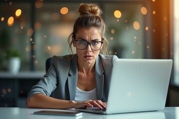 Focused young woman with glasses and bun hairstyle working on laptop indoors, remote work concept, modern office background with warm bokeh lights, productivity, concentration, technology use daytime