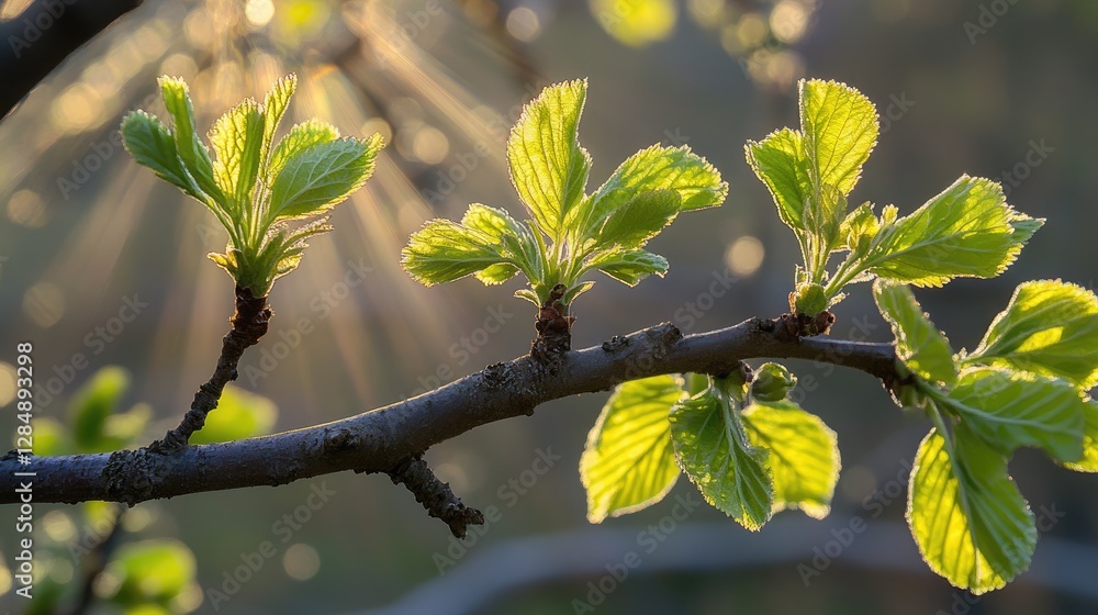 Aufkleber leaves unfurl on branches as sunlight filters through, creating a fresh atmosphere that signifies th