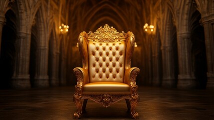 Golden Throne in Cathedral 3D Render, Baroque Design, Royal Concept, Gold, Luxury Royal Chair, Throne Room