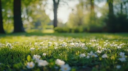 Fototapeta premium Lush green grass is adorned with blooming flowers, capturing the vibrant essence of spring as sunlight filters through the trees, signaling nature’s awakening