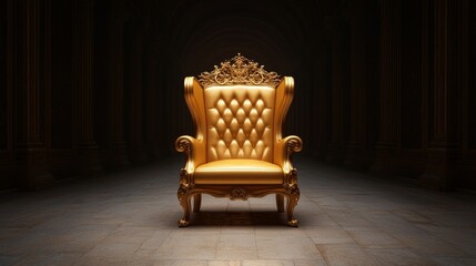 Golden Throne in Dark Hallway 3D Render, Luxury Chair, Royal Concept, Gold, Throne Luxury, Royalty