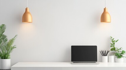 Minimalist Workspace Laptop, Plants, Gold Lamps, White Background. Desk Setup, Home Office Desk Setup, Home Office
