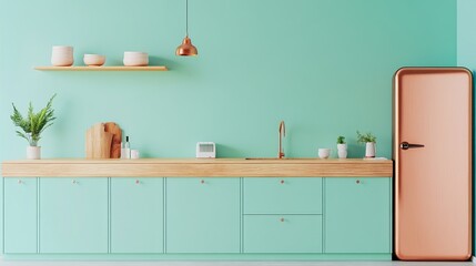 Mint Green Kitchen Wooden Countertop, Copper Accents, Minimalist Design, Kitchen Interior Keywords Mint, Copper