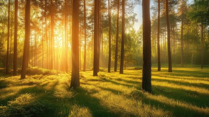 Naklejka premium Golden sunlight filters through trees in a vibrant forest, illuminating fresh green grass and signaling the arrival of spring. Nature thrives with new life