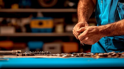 Skilled technician assembling mechanical parts on a workbench in a well-lit workshop environment