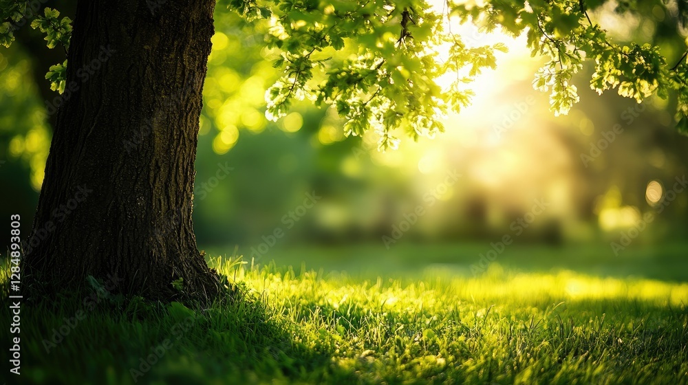 Aufkleber lush greenery surrounds a sturdy tree trunk as sunlight streams through leaves, creating a tranquil 