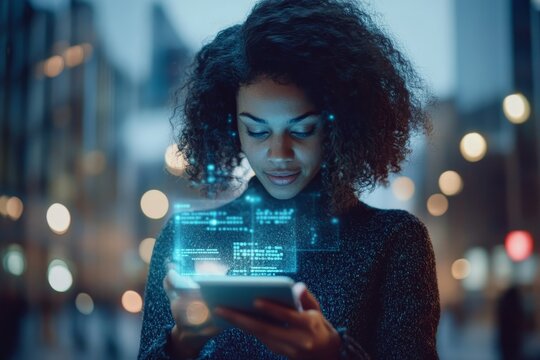 Woman Using Smartphone with Holographic Data Overlay, Night City Background, Digital Technology, Mobile Interface, Futuristic Concept. Digital, Hologram