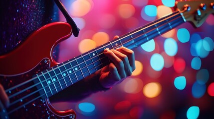 Obraz premium Close-up bass player on stage with vibrant lights