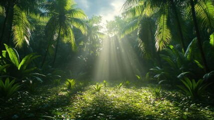 Fototapeta premium Tropical Sunlight Piercing Lush Jungle Floor