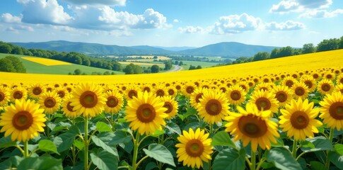 Fototapeta premium Vibrant sunflower field with rolling hills and blue sky, landscape, nature