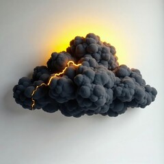 Dark grey cloud with bright yellow lightning against a crisp white background, gray, white, atmosphere