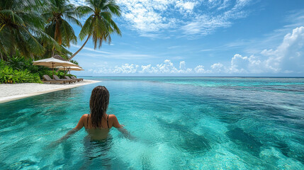 Infinity pool with loungers and umbrellas, palm trees framing the serene landscape of a Maldives island, symbolizing luxury, relaxation, and tropical paradise for a summer vacation escape