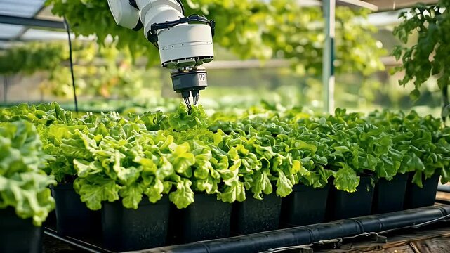 Robotic Arm Harvesting Lettuce in Greenhouse with Hydroponic System Featuring Advanced Technology for Precision Agriculture and Sustainable Food Production in Vertical Indoor Farm with Natural