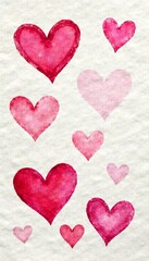 Vibrant watercolor hearts on textured paper, perfect for Valentine's Day designs, hearts, vibrant