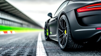 Naklejka premium Sleek black sports car parked on a racetrack with blurred background showcasing speed