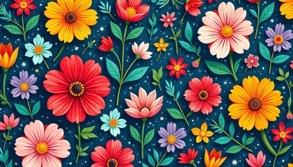 Vibrant wildflower pattern in bold colors for summer fashion, vibrant, textile