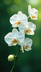 Fototapeta premium Delicate orchid branch with white flowers gently swaying in the breeze, nature, flowers, white