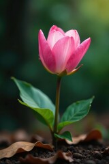 Fototapeta premium Delicate pink petals unfolding on a stem amidst fallen leaves, flowers blooming, foliage