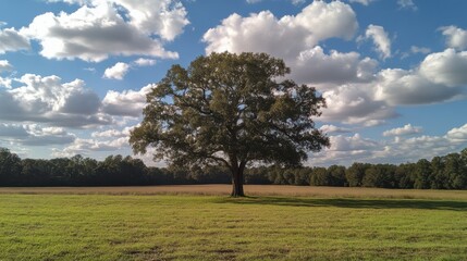 Majestic Oak Tree Under a Bright Blue Sky Surrounded by Lush Green Meadow and Fluffy Clouds