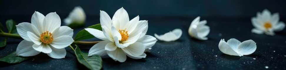 Delicate white petals unfolding on a dark, glossy background, petals, flowers, texture