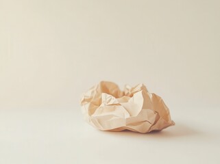 Crumpled Beige Paper Ball on White Background