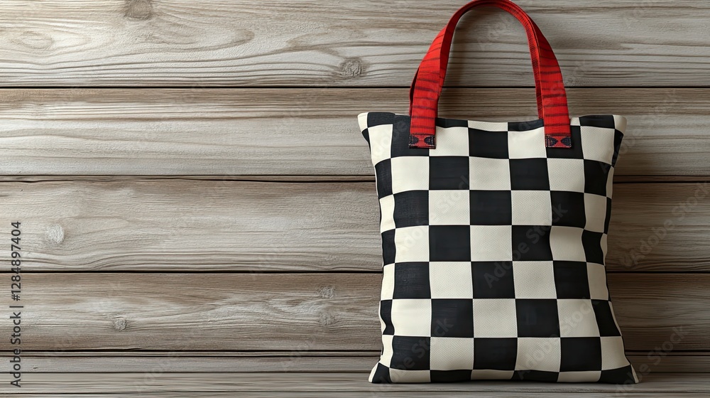 Poster a checkered pattern tote bag with red handles displayed nicely