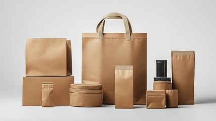 Variety of brown paper packaging displayed against a white background
