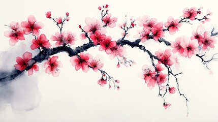 A beautiful watercolor depiction of cherry blossoms on a branch.