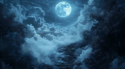 Ethereal moonlit pathway leading up through clouds and trees. Enchanted Moonlit Pathway. Illustration