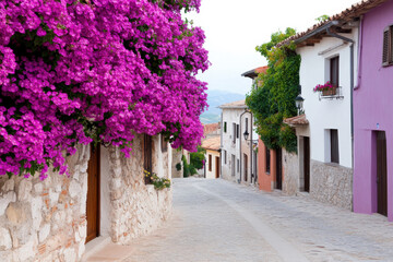 Obraz premium A street with a pink flower bush on the side