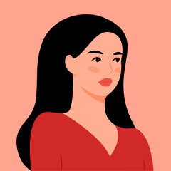 black haired woman portrait in red dress, vector illustration